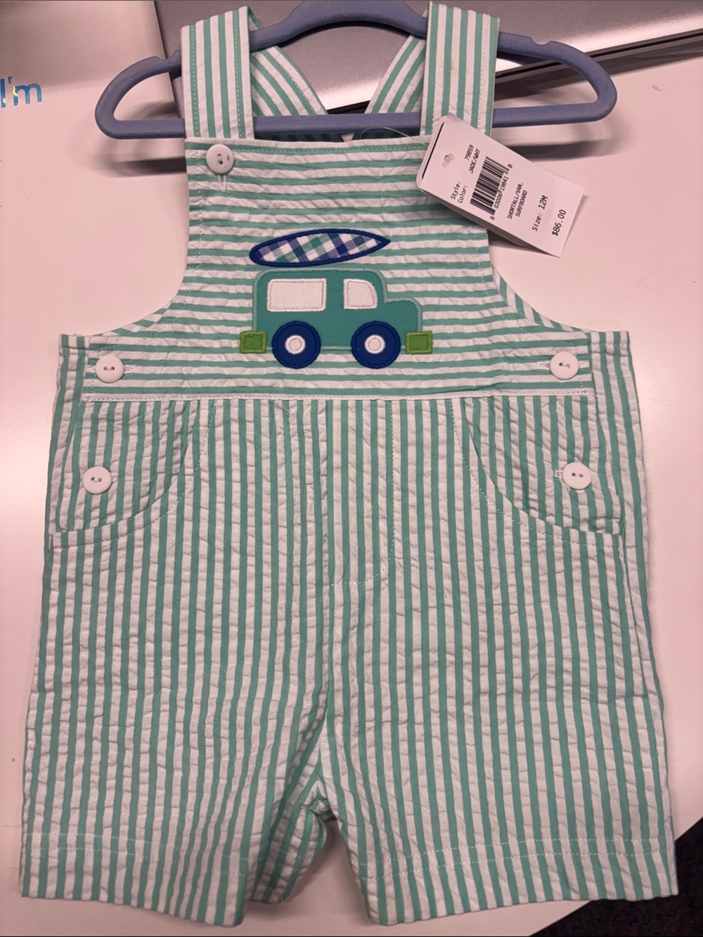 Florence Eiseman Mint and White Striped Seersucker Overalls with Car Applique